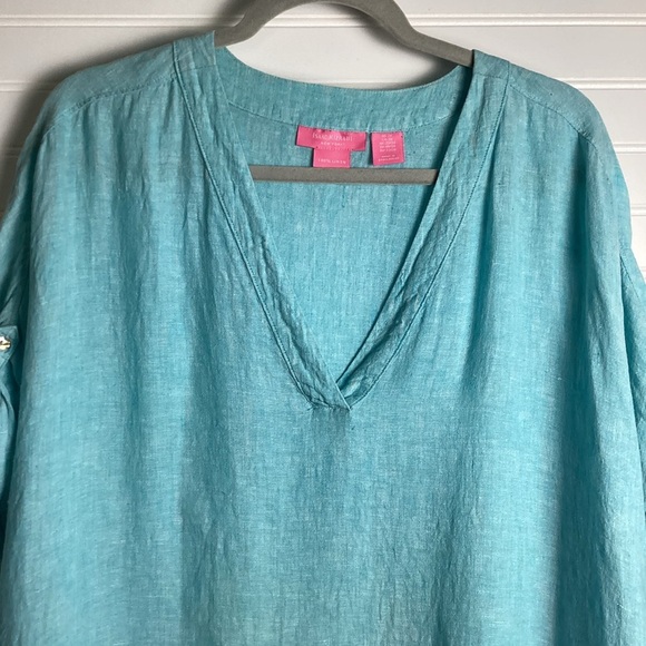 Isaac Mizrahi Womens 100% Linen Blue Boxy V Neck Cuffed Cap Sleeve Top Size 2X - Picture 2 of 9